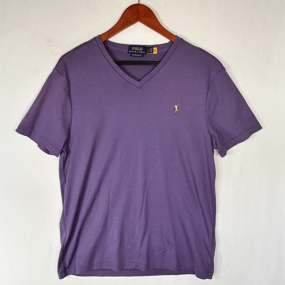 Polo Ralph Lauren Mens V-Neck T-Shirt Purple Custom Slim Fit Large Cotton Pony